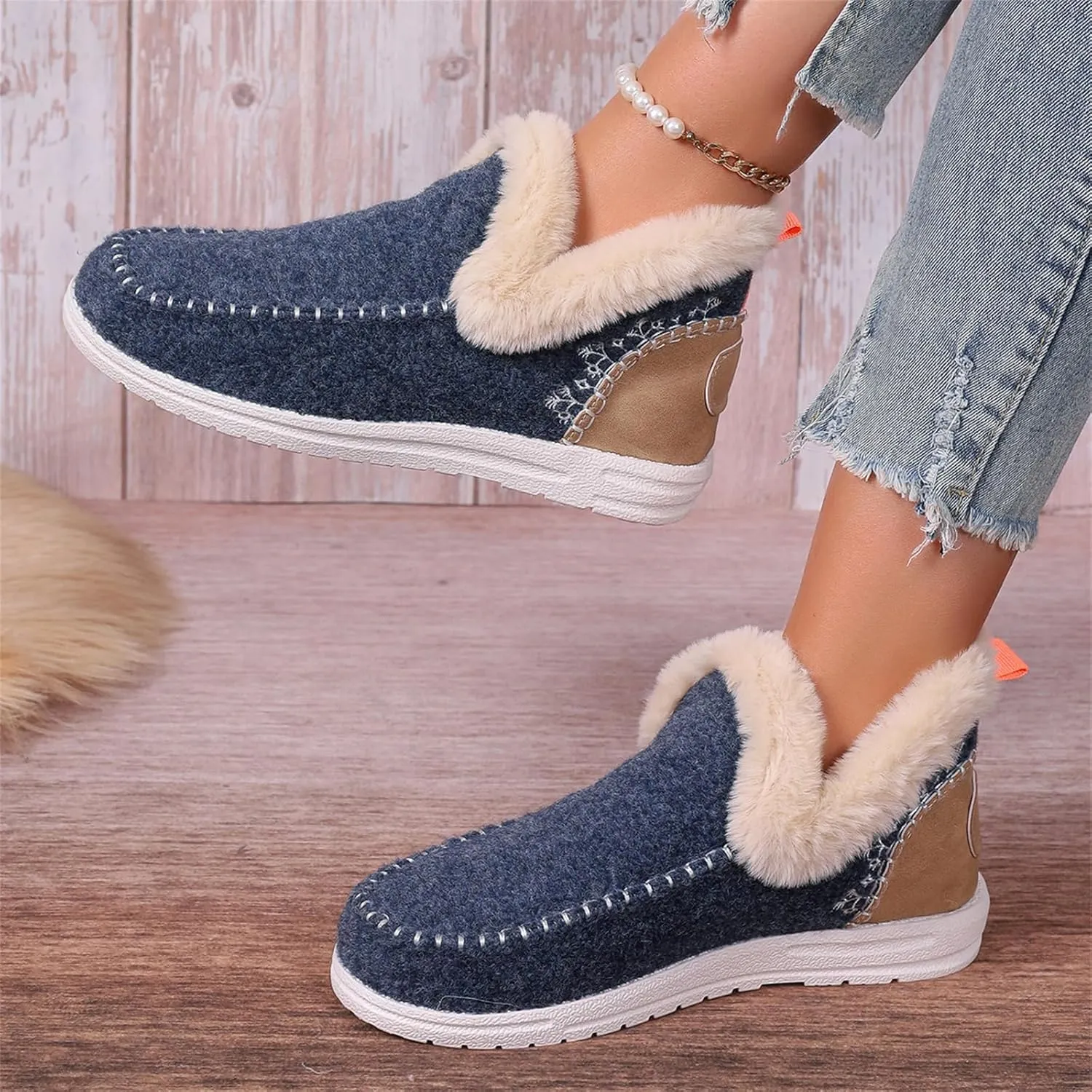 Ladmiple Boots For Women Ankle Booties Winter Casual Slip-on Warm Loafers Shoes Fur-Lined Comfortable Lightweight Snow Boots