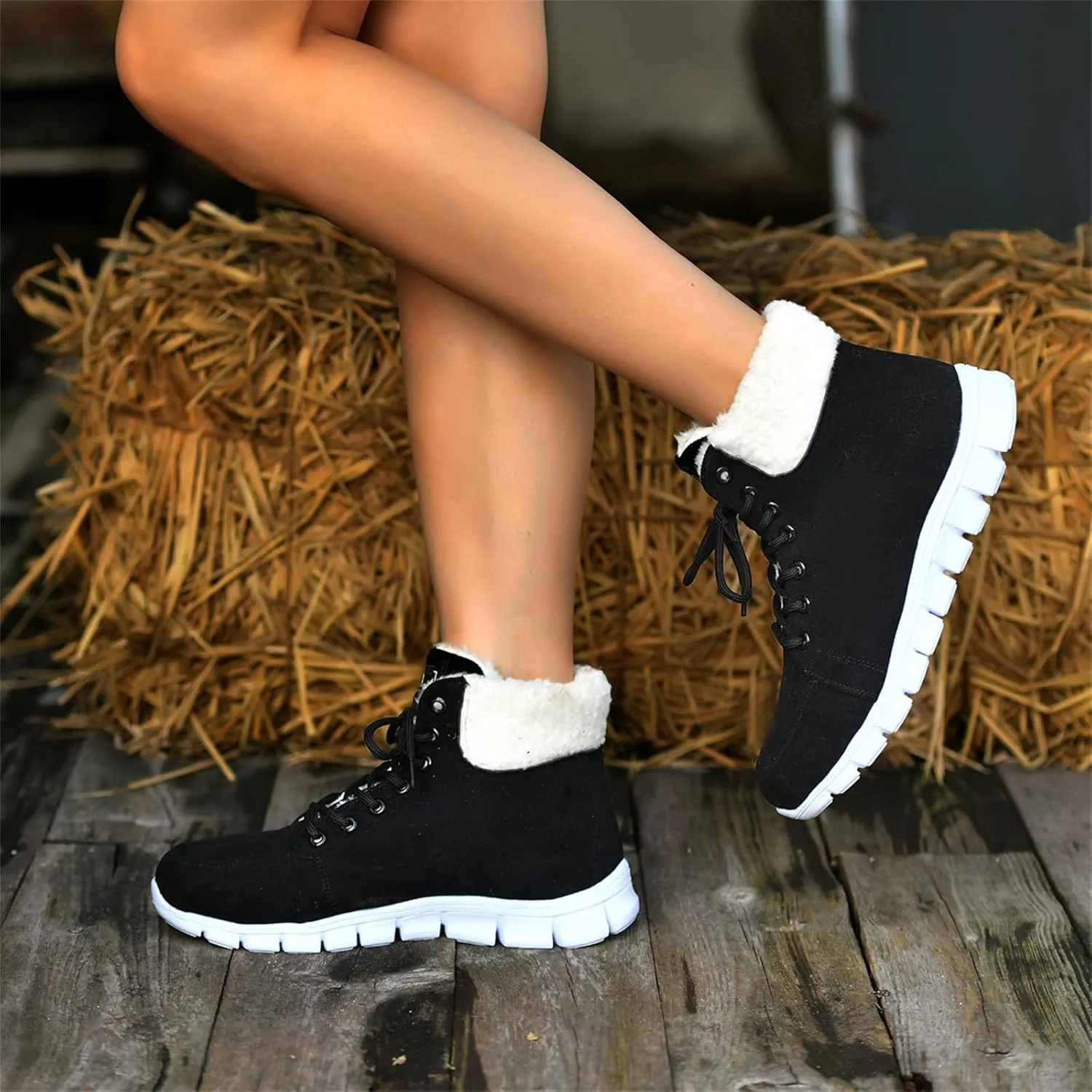 Ladmiple Snow Boots For Women Wide Faux Fur Lined Winter Ankle Booties Slip on Cold Weather Warm Outdoor Walking Shoes