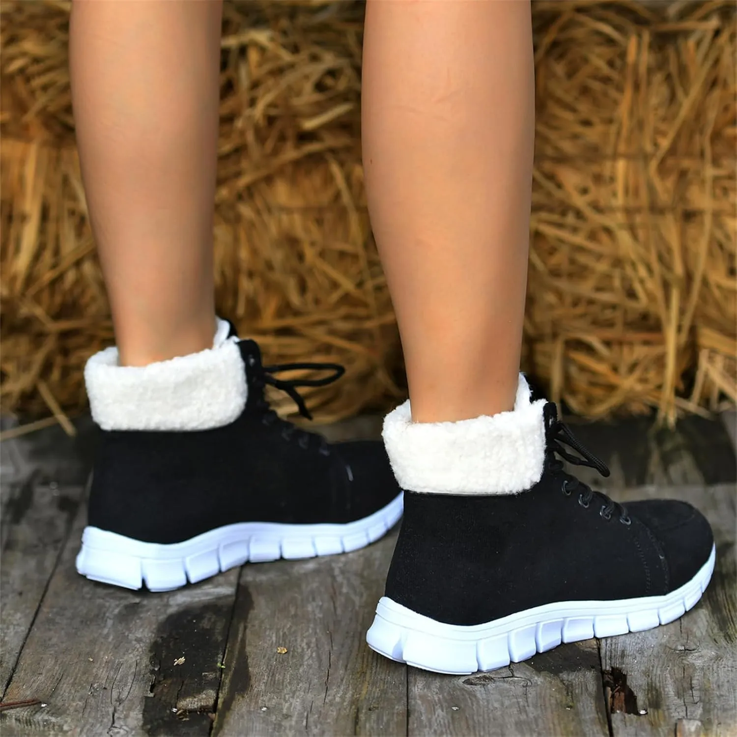 Ladmiple Snow Boots For Women Wide Faux Fur Lined Winter Ankle Booties Slip on Cold Weather Warm Outdoor Walking Shoes