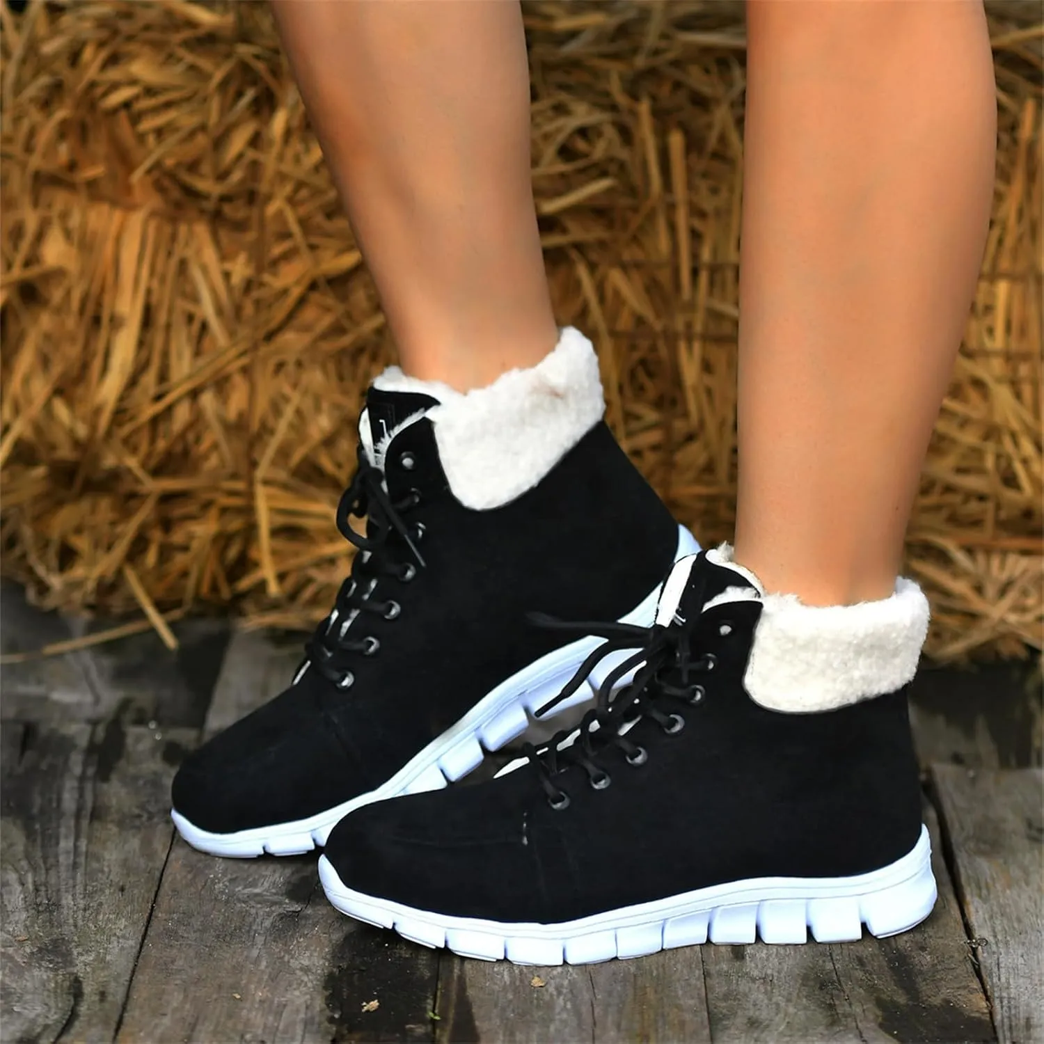 Ladmiple Snow Boots For Women Wide Faux Fur Lined Winter Ankle Booties Slip on Cold Weather Warm Outdoor Walking Shoes