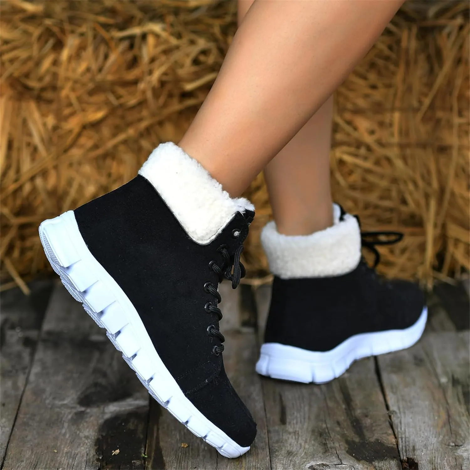 Ladmiple Snow Boots For Women Wide Faux Fur Lined Winter Ankle Booties Slip on Cold Weather Warm Outdoor Walking Shoes