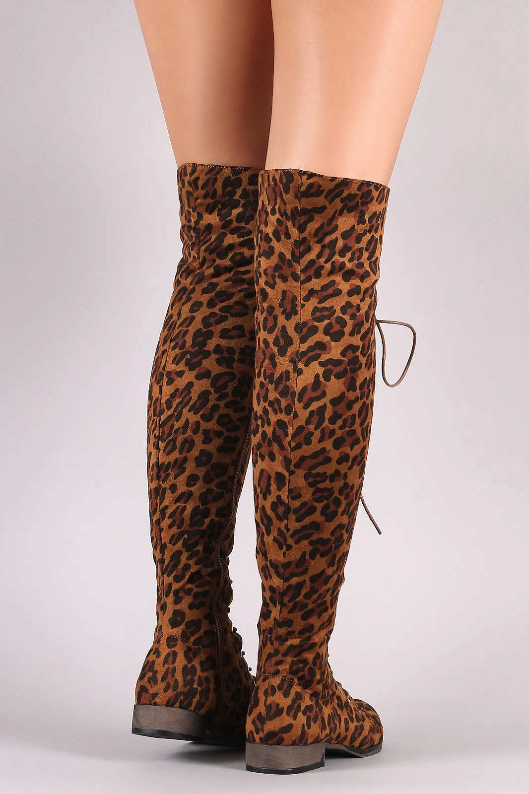 Leopard Vegan Suede Lace-Up Over The Knee Boot