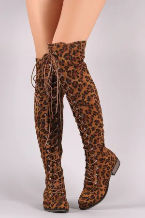 Leopard Vegan Suede Lace-Up Over The Knee Boot