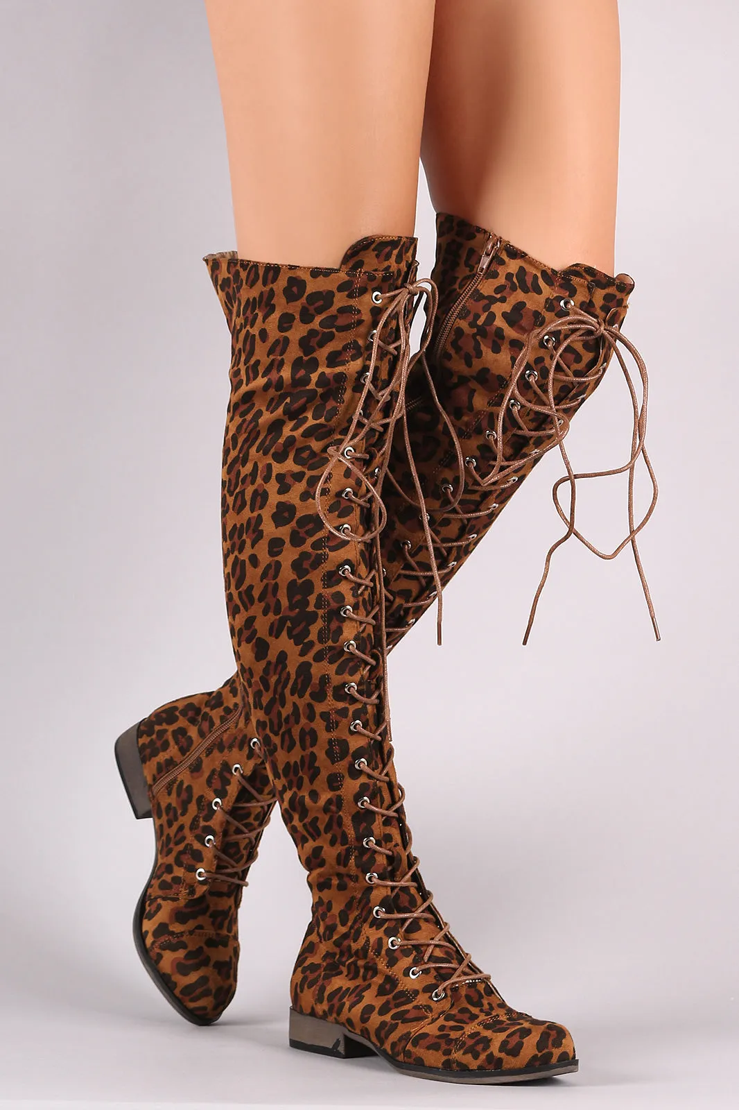 Leopard Vegan Suede Lace-Up Over The Knee Boot