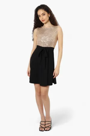 Limite Belted Sequin Top Skater Day Dress - Beige
