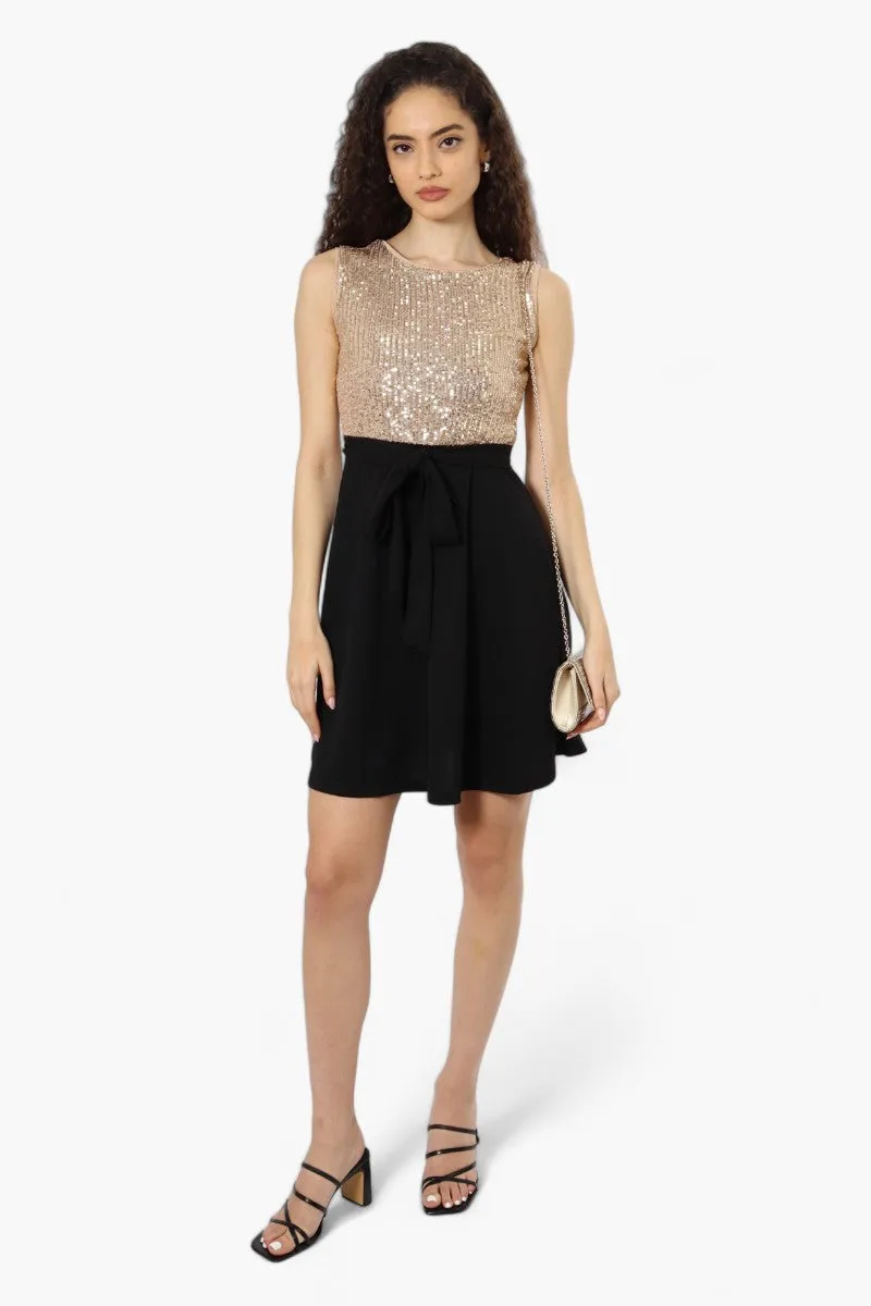 Limite Belted Sequin Top Skater Day Dress - Beige