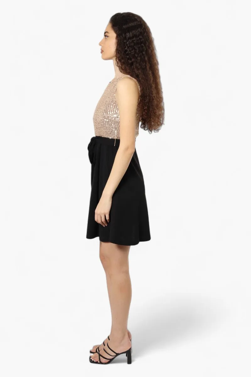 Limite Belted Sequin Top Skater Day Dress - Beige