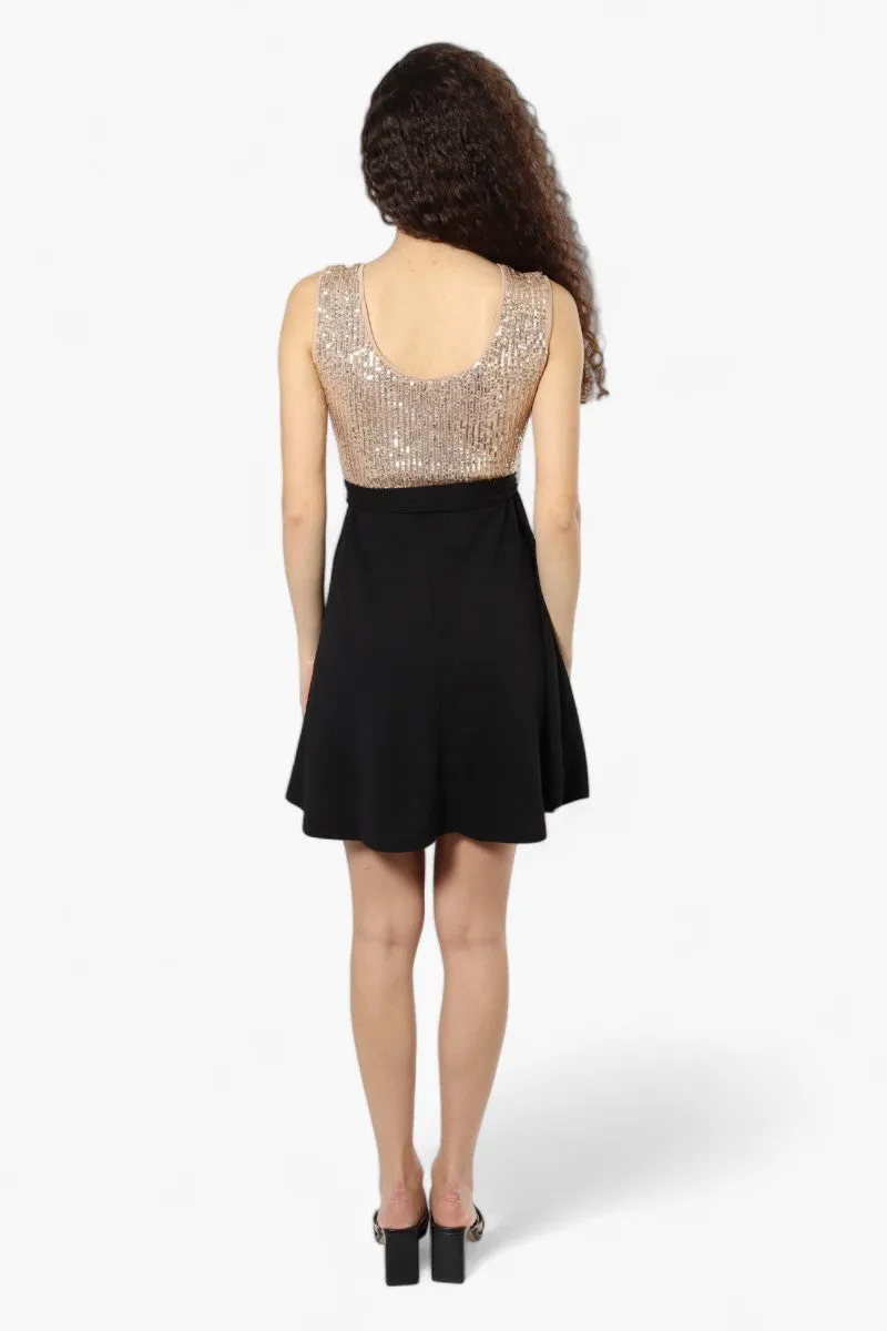 Limite Belted Sequin Top Skater Day Dress - Beige
