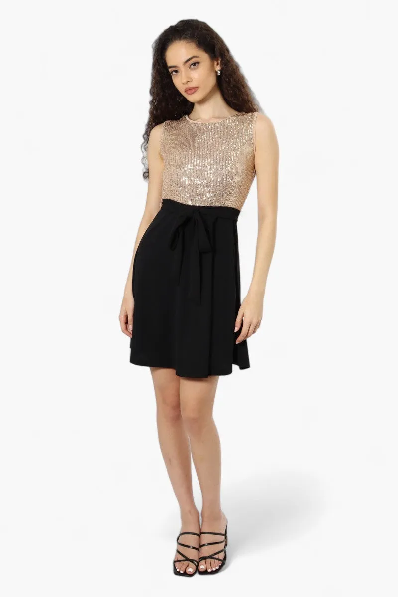 Limite Belted Sequin Top Skater Day Dress - Beige