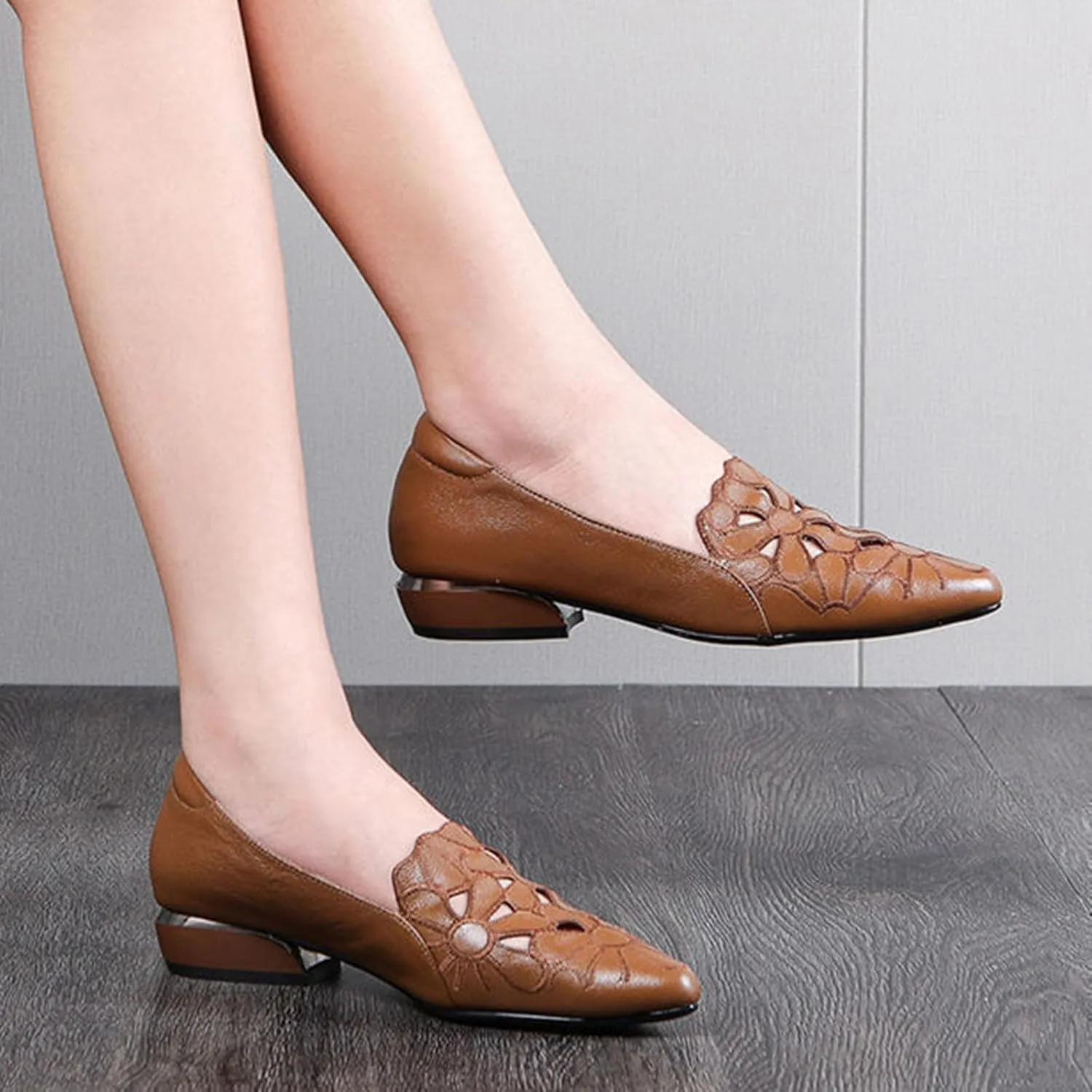 Loafers for Women Low Chunky Heels Slip On Business Casual Shoes Flower Hollow Pointed Toe Flats for Driving Dressy