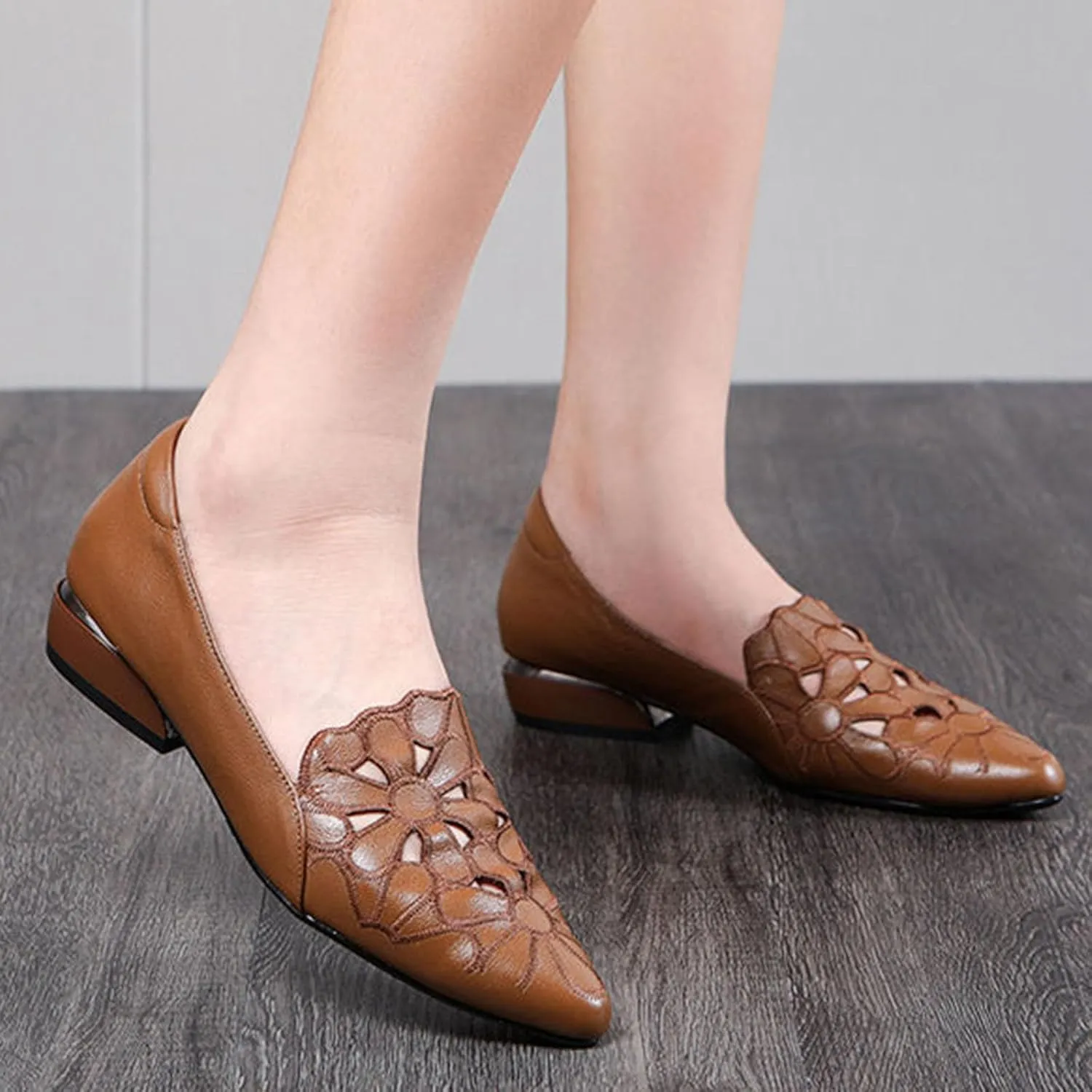 Loafers for Women Low Chunky Heels Slip On Business Casual Shoes Flower Hollow Pointed Toe Flats for Driving Dressy