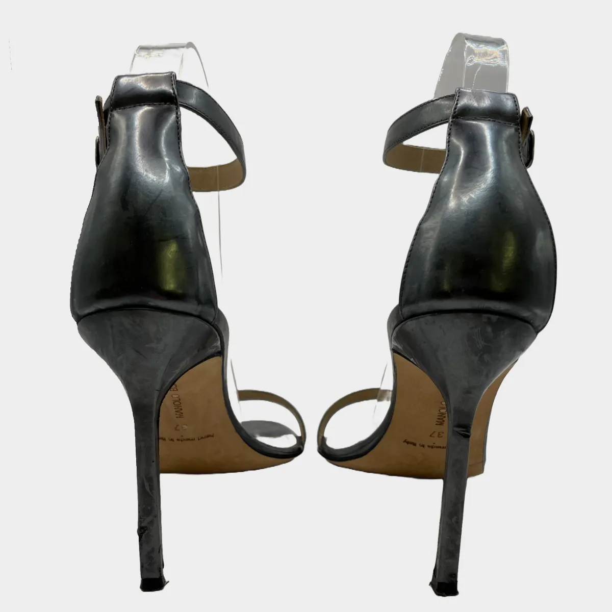 Manolo Blahnik women's silver grey metallic strappy leather heels