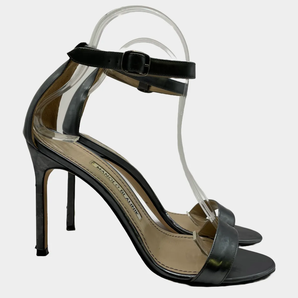 Manolo Blahnik women's silver grey metallic strappy leather heels