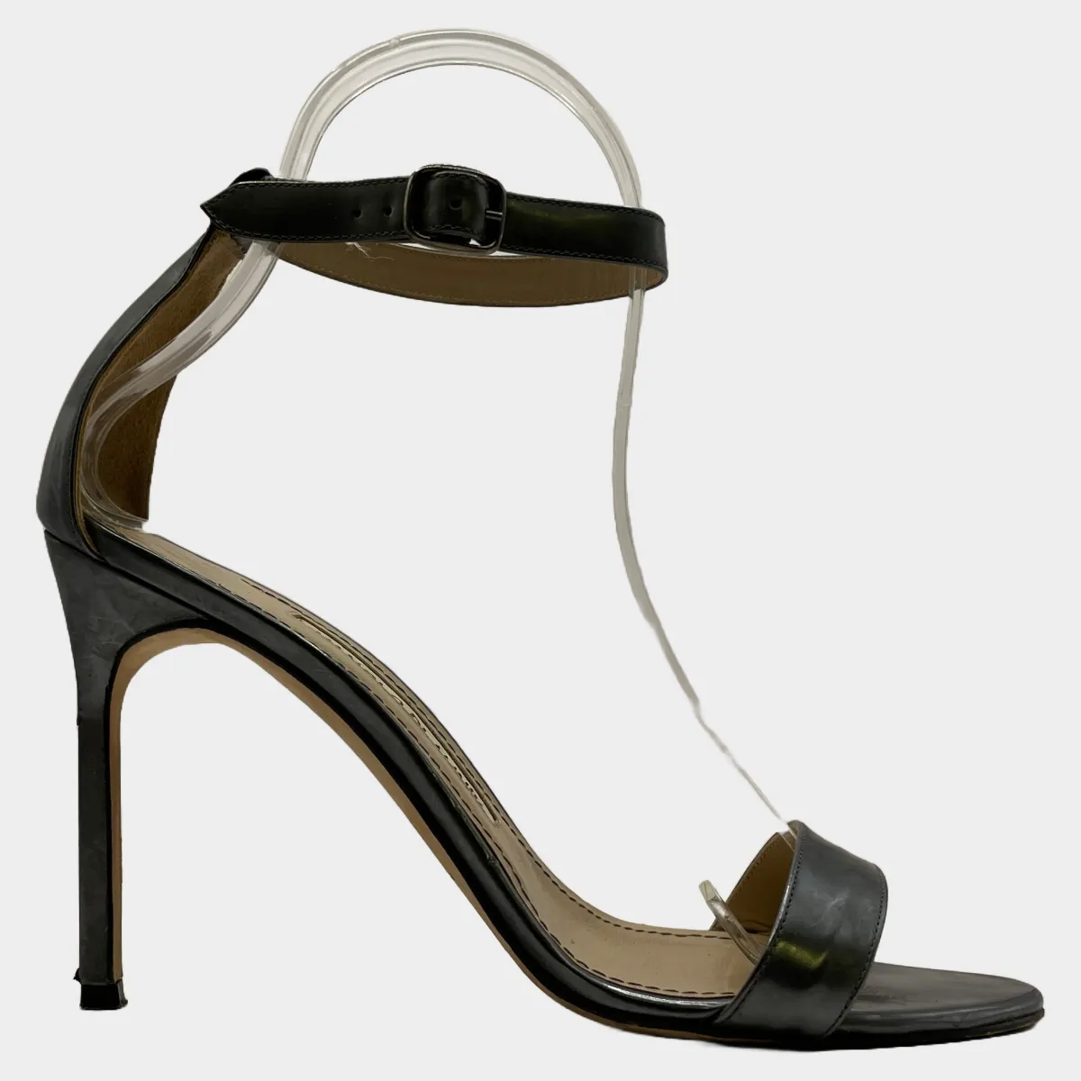 Manolo Blahnik women's silver grey metallic strappy leather heels