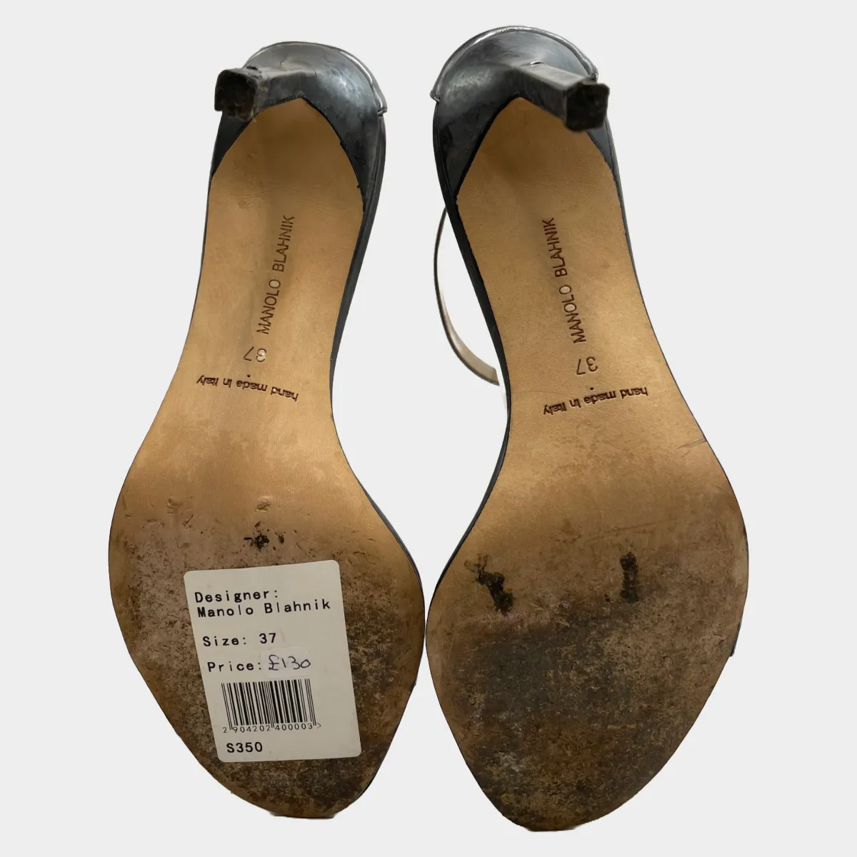 Manolo Blahnik women's silver grey metallic strappy leather heels