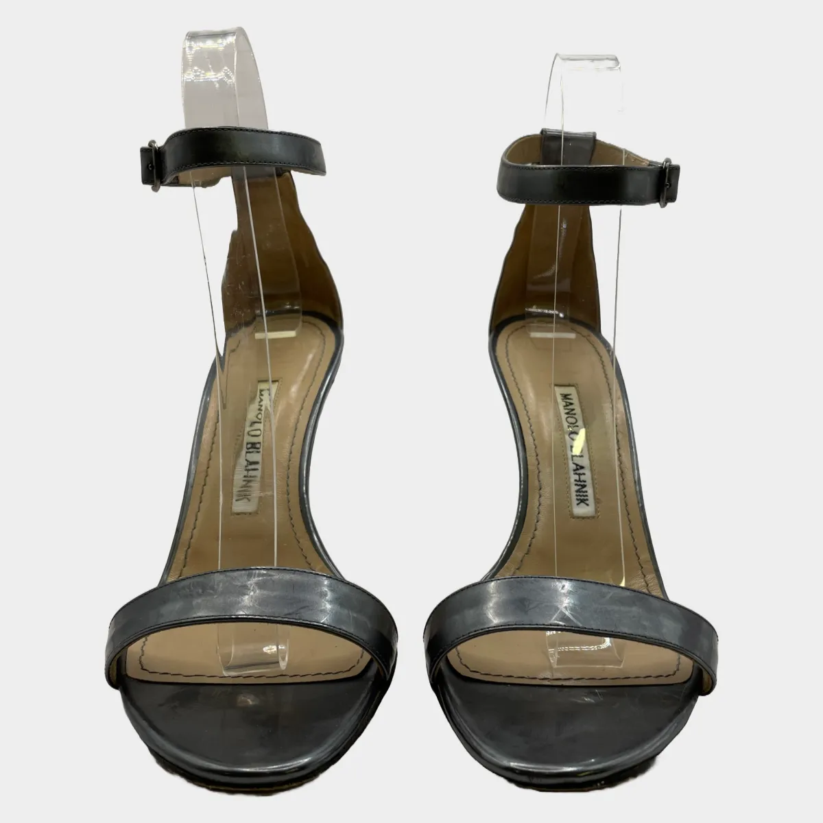 Manolo Blahnik women's silver grey metallic strappy leather heels