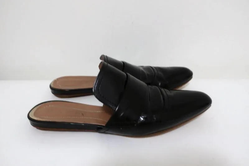 Marni Backless Loafers Sabot Black Glossy Leather Size 37 Pointed Toe Flat Mules