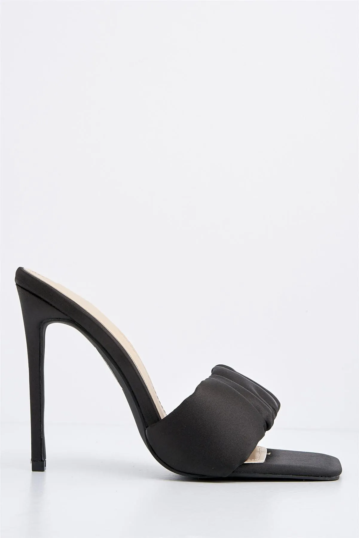 Martha Crinkled Band Heeled Mule in Black Satin