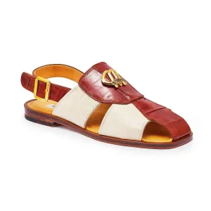 Mauri 5071 Gladiator Men's Shoes Gold & Cream Exotic Crocodile Sandals (MA5305)