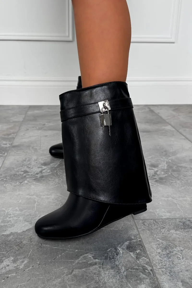 MELDA Flared Calf Wedge Boots - Black PU
