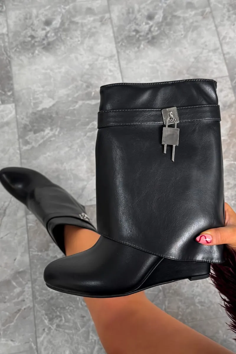 MELDA Flared Calf Wedge Boots - Black PU