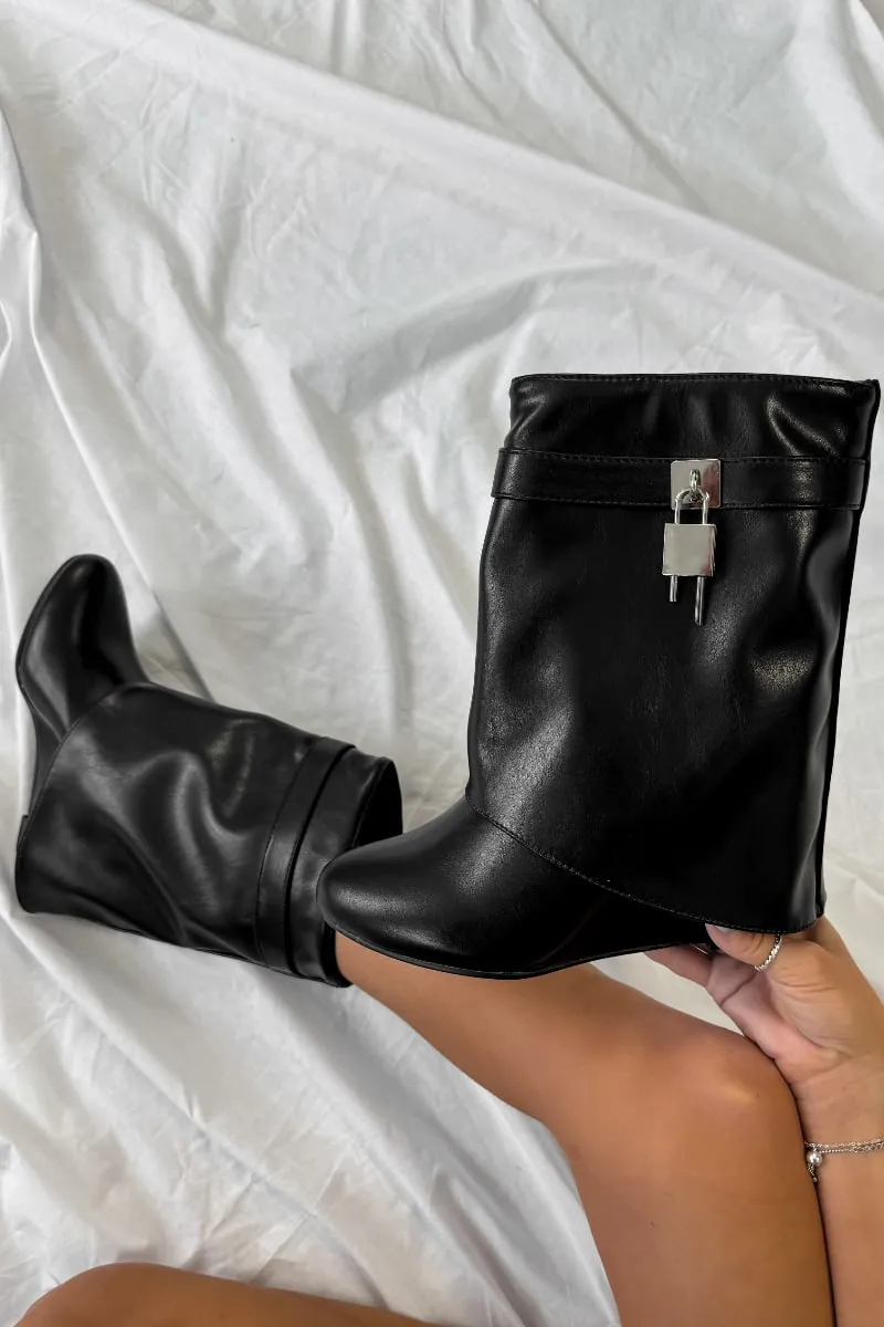 MELDA Flared Calf Wedge Boots - Black PU