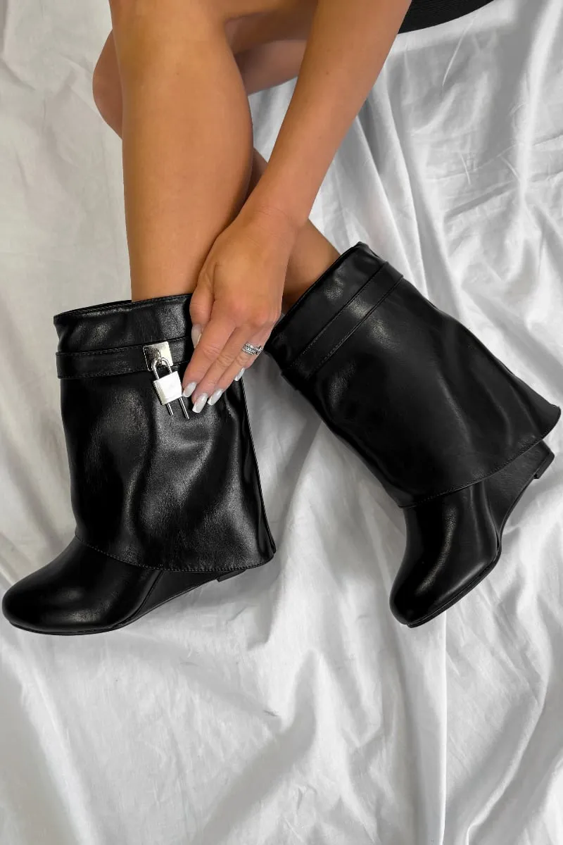 MELDA Flared Calf Wedge Boots - Black PU