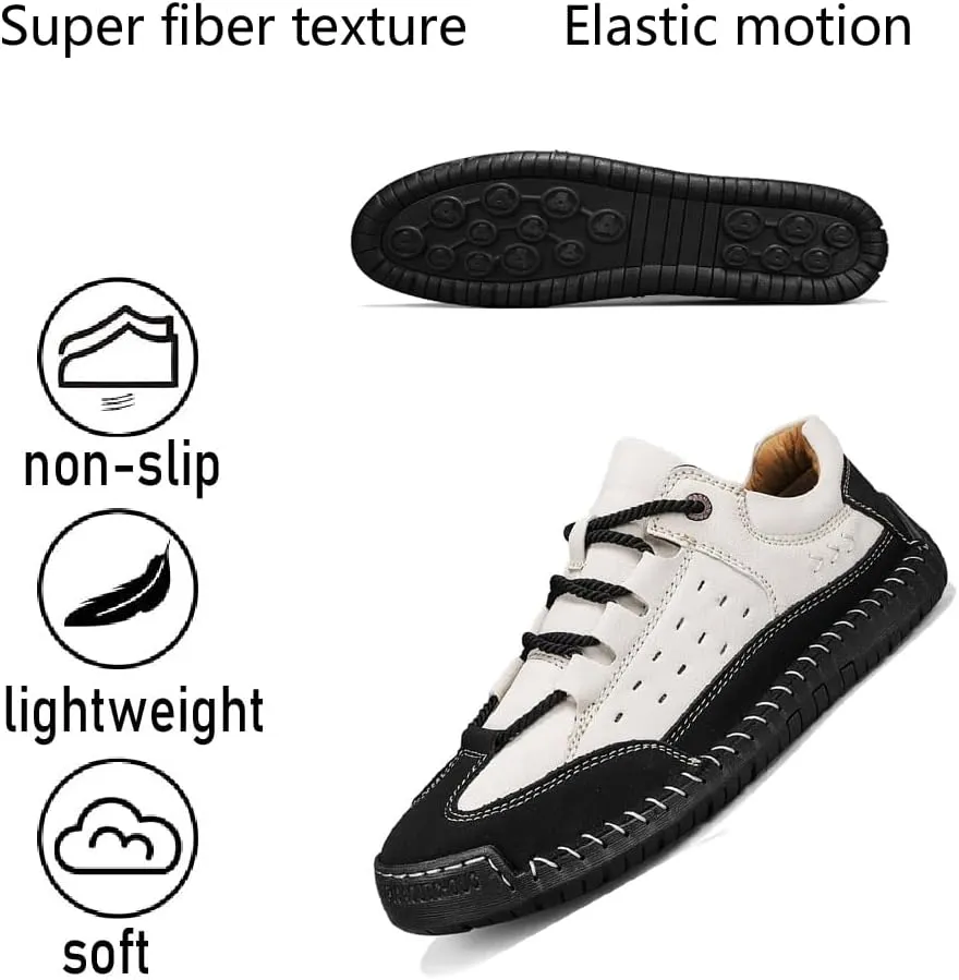 Men's Casual Retro Classic Fashion Breathable Soft Anti Slip on Outdoor Comfortable Business Leather Texture Woven Lace up Sports Shoes