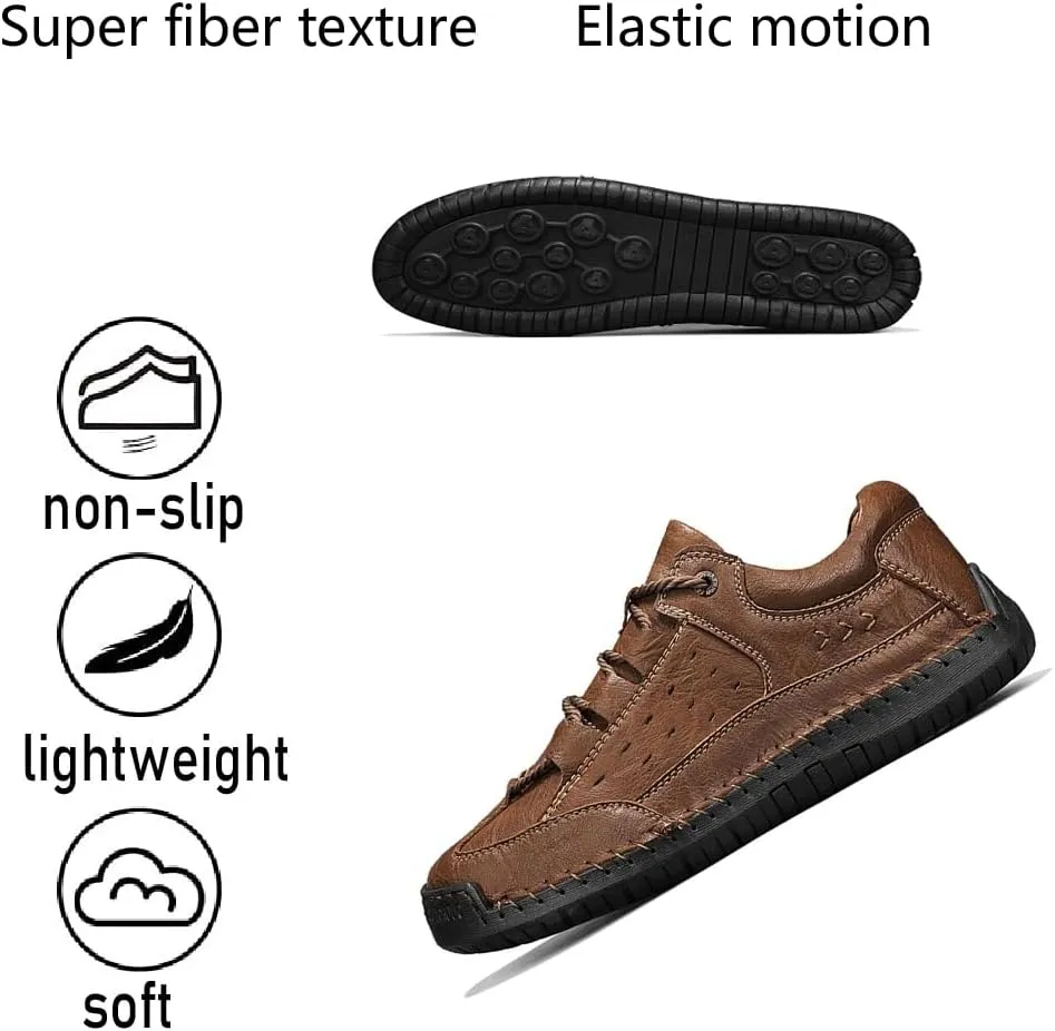 Men's Casual Retro Classic Fashion Breathable Soft Anti Slip on Outdoor Comfortable Business Leather Texture Woven Lace up Sports Shoes