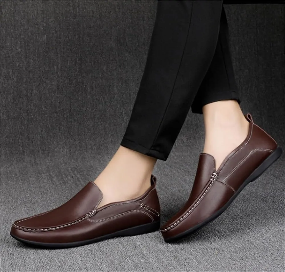 Mens Dress Loafers Slip On Leather Business Casual Shoes Round Toe Flat Heel Comfortable Office Work Prom Solid Color