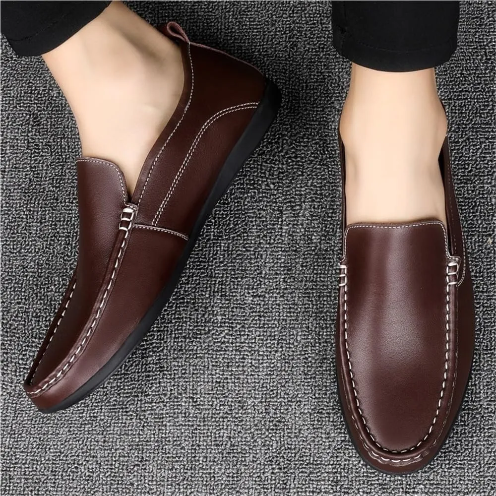 Mens Dress Loafers Slip On Leather Business Casual Shoes Round Toe Flat Heel Comfortable Office Work Prom Solid Color