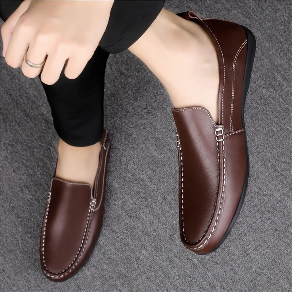 Mens Dress Loafers Slip On Leather Business Casual Shoes Round Toe Flat Heel Comfortable Office Work Prom Solid Color