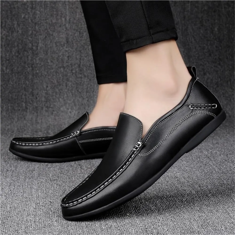 Mens Dress Loafers Slip On Leather Business Casual Shoes Round Toe Flat Heel Comfortable Office Work Prom Solid Color