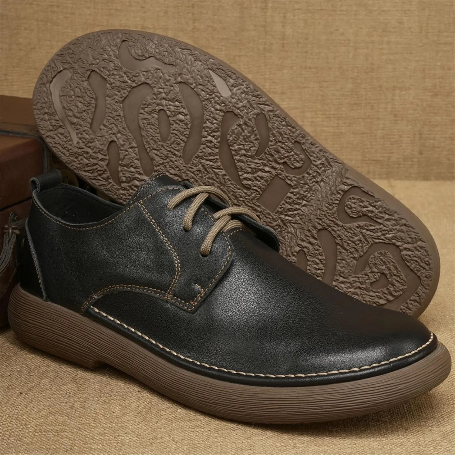 Men's Genuine Leather Soft Sole Walking Oxford Shoes Retro Round Toe Lace-Up Non-Slip Business Casual Shoes Suitable for Work Driving