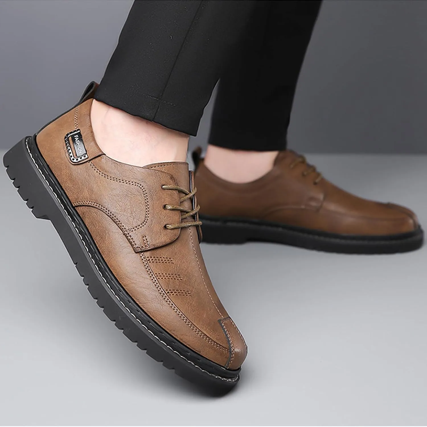 Men's Hand Stitching Leather Lace Up Loafer,Vintage Breathable Soft-Faced Soft-Soled Leather Shoe Comfortable Slip on Flat Business Office Dress Driving Casual Outdoor Walking Shoes