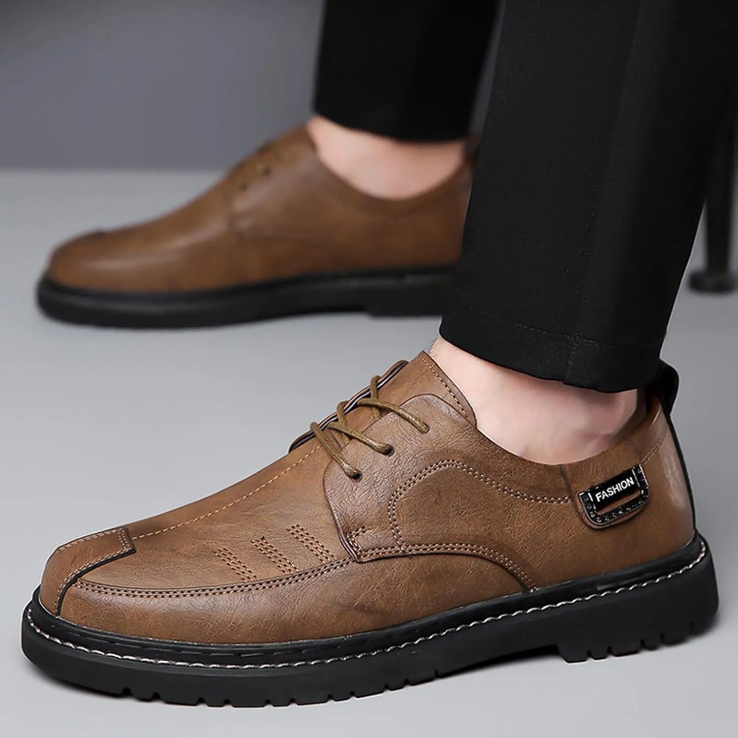 Men's Hand Stitching Leather Lace Up Loafer,Vintage Breathable Soft-Faced Soft-Soled Leather Shoe Comfortable Slip on Flat Business Office Dress Driving Casual Outdoor Walking Shoes