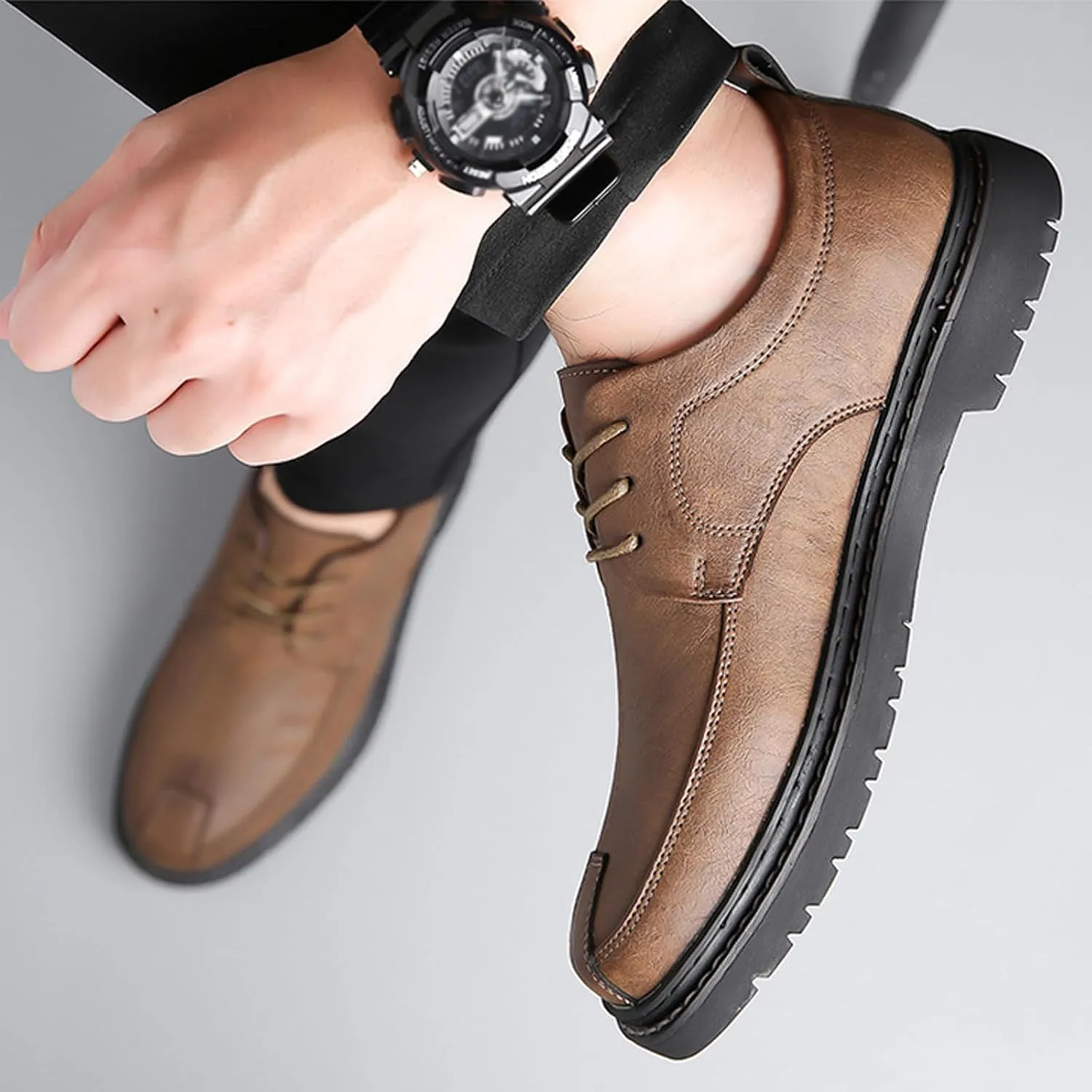 Men's Hand Stitching Leather Lace Up Loafer,Vintage Breathable Soft-Faced Soft-Soled Leather Shoe Comfortable Slip on Flat Business Office Dress Driving Casual Outdoor Walking Shoes