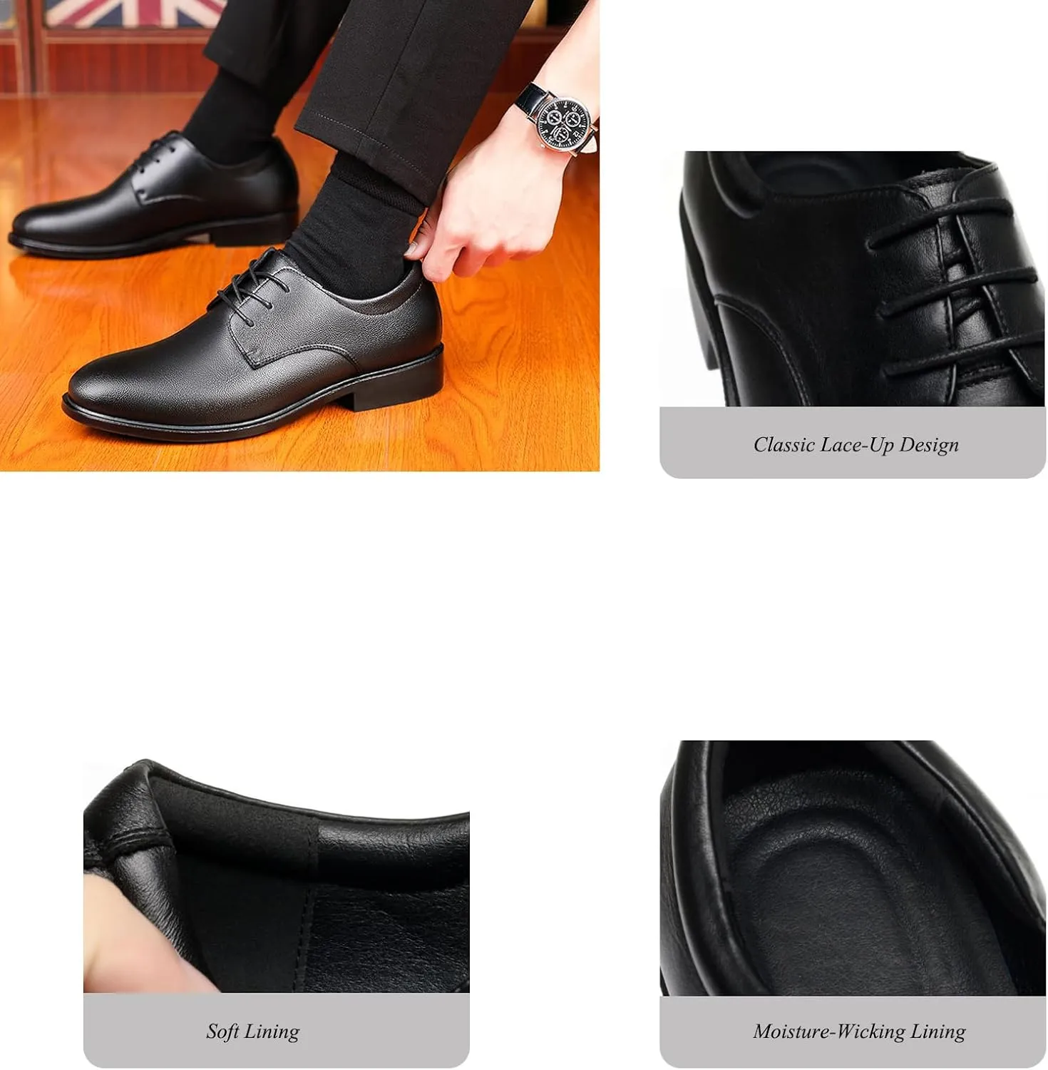 Men's Leather Black Oxford Shoes,Classic Lace-Up Business Dress Shoes,Stylish Casual Office Derby Shoes,Formal Wedding Suit Shoes