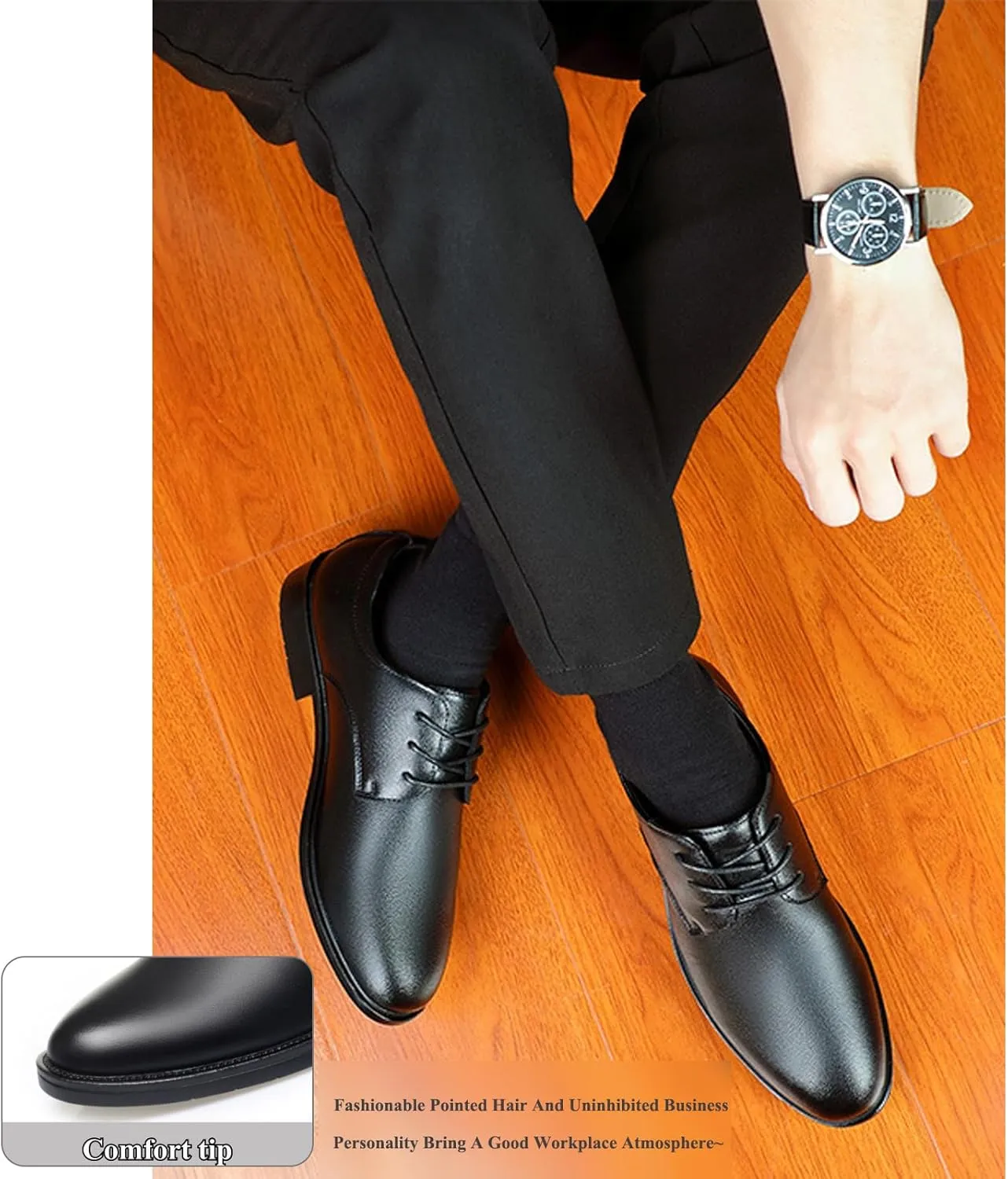 Men's Leather Black Oxford Shoes,Classic Lace-Up Business Dress Shoes,Stylish Casual Office Derby Shoes,Formal Wedding Suit Shoes