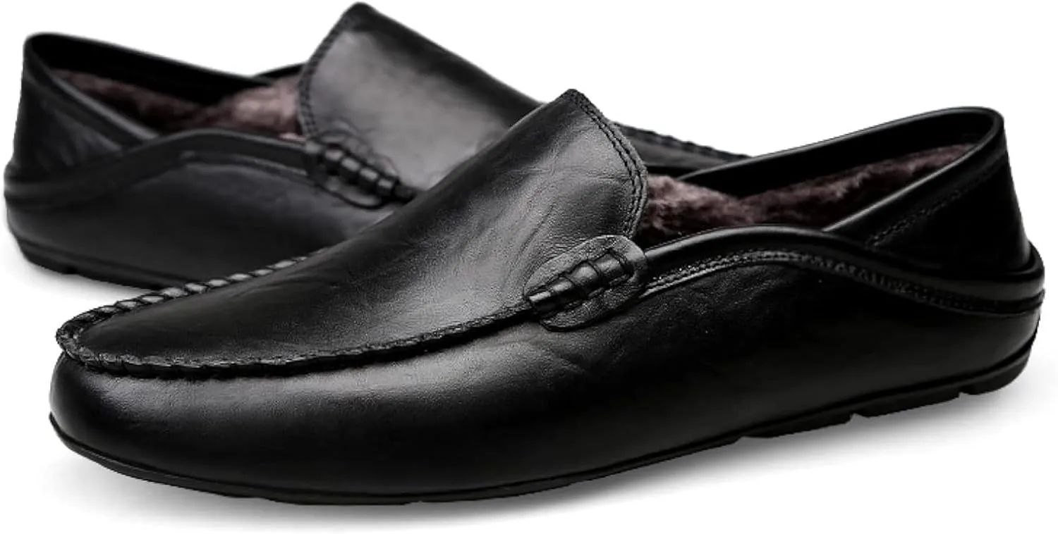 Men's Leather Handmade Driving Loafers, Casual Shoes, Winter Warm Loafers, Men's Lightweight Flat Shoes