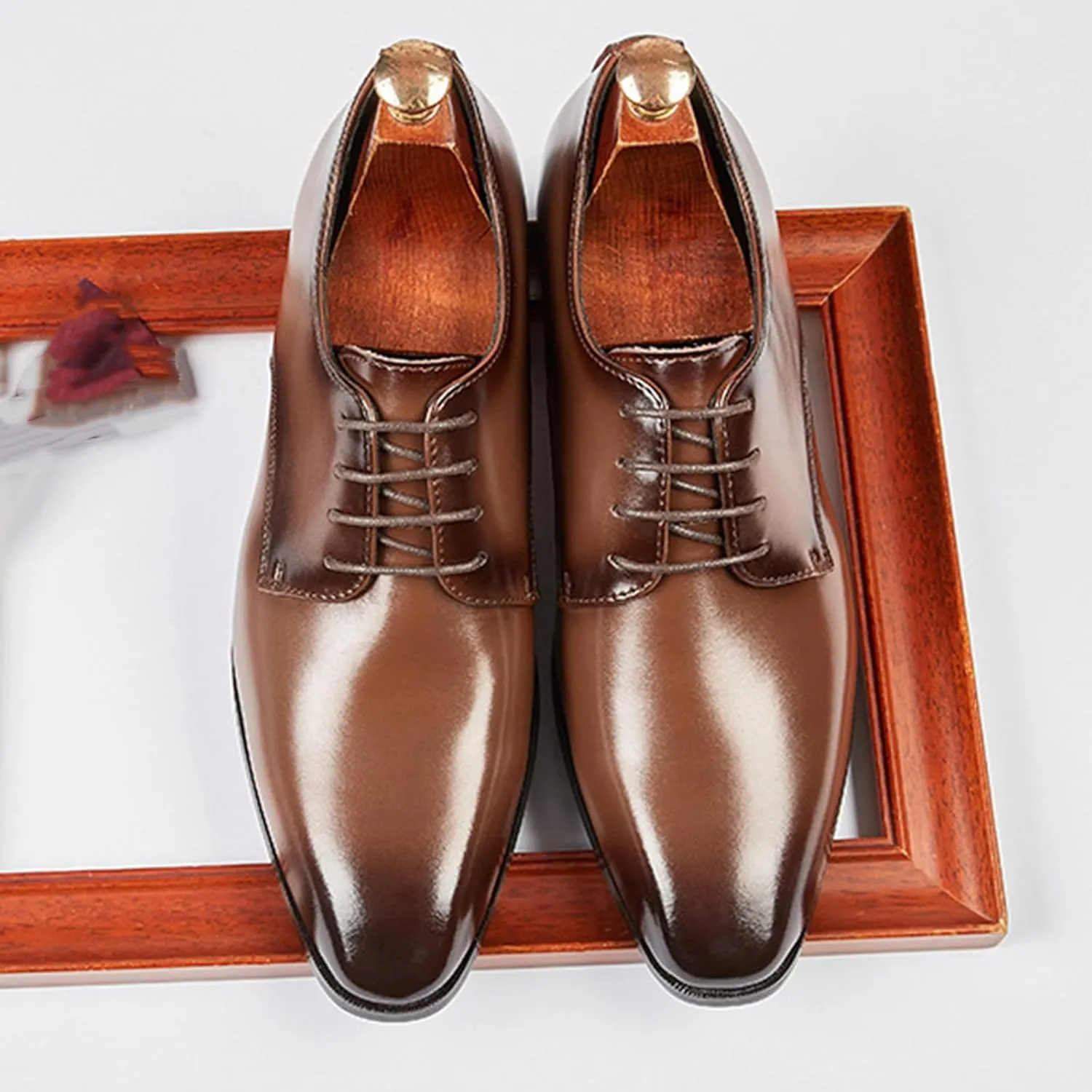 Men's Leather Pointed Toe Lace Up Dress Oxford Shoes,Classic Comfortable Slip-On Business Casual Shoes Non-Slip Office Wedding Formal Leather Shoes
