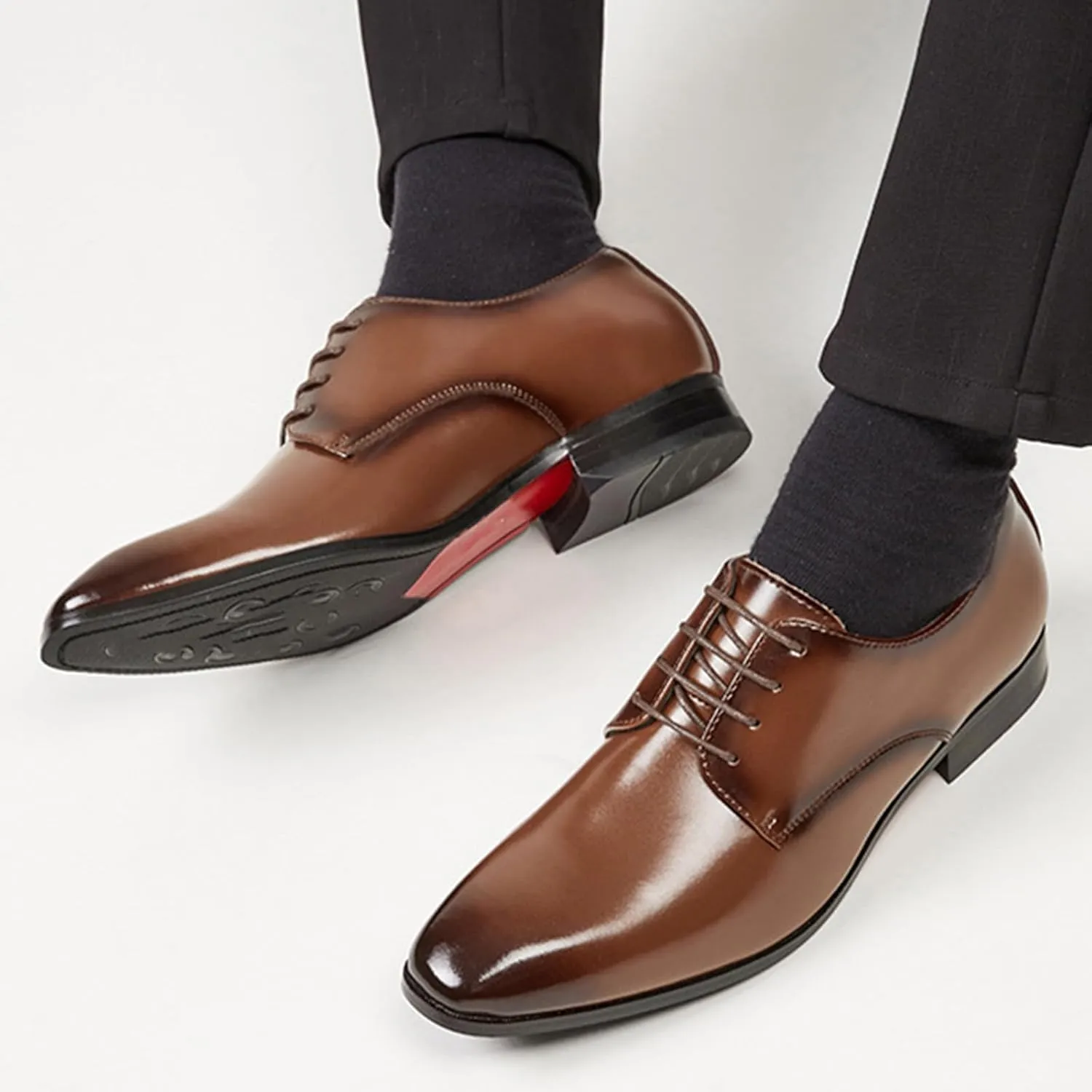 Men's Leather Pointed Toe Lace Up Dress Oxford Shoes,Classic Comfortable Slip-On Business Casual Shoes Non-Slip Office Wedding Formal Leather Shoes