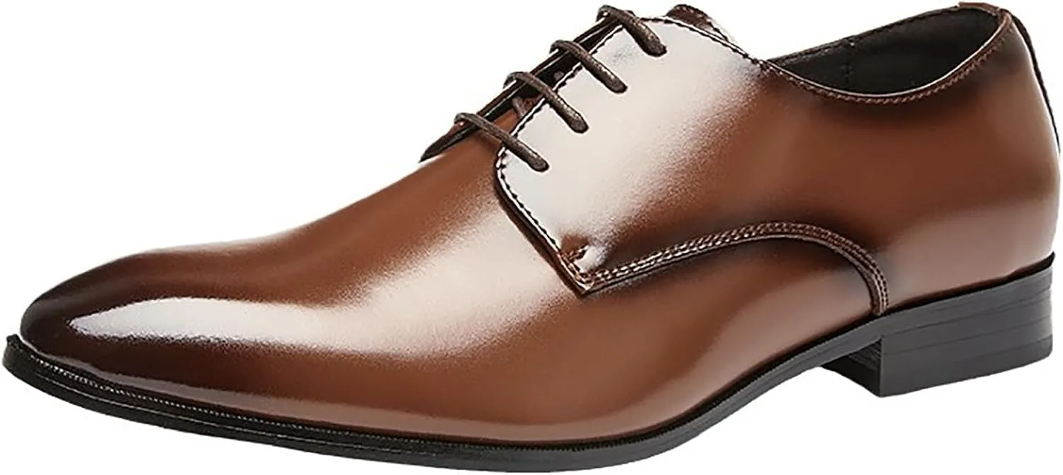 Men's Leather Pointed Toe Lace Up Dress Oxford Shoes,Classic Comfortable Slip-On Business Casual Shoes Non-Slip Office Wedding Formal Leather Shoes