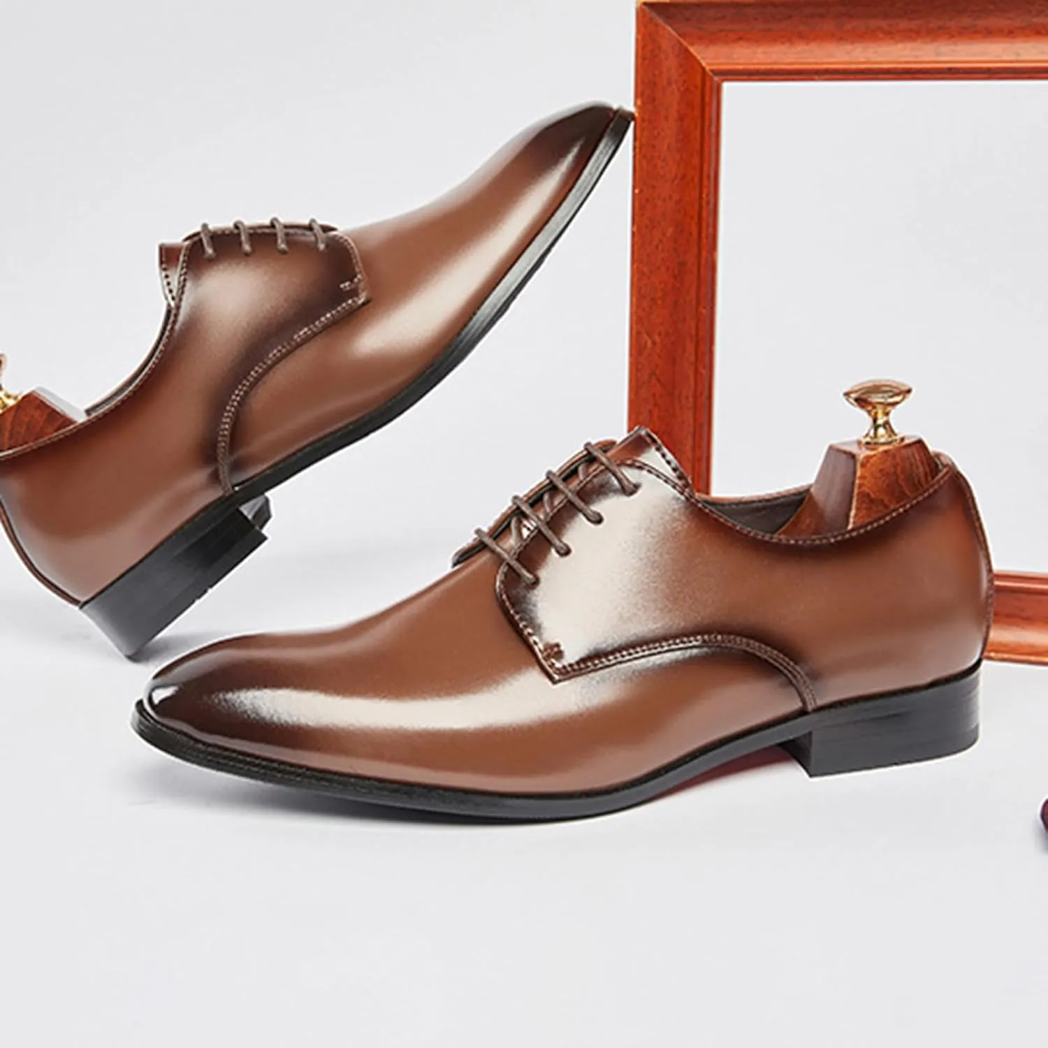 Men's Leather Pointed Toe Lace Up Dress Oxford Shoes,Classic Comfortable Slip-On Business Casual Shoes Non-Slip Office Wedding Formal Leather Shoes