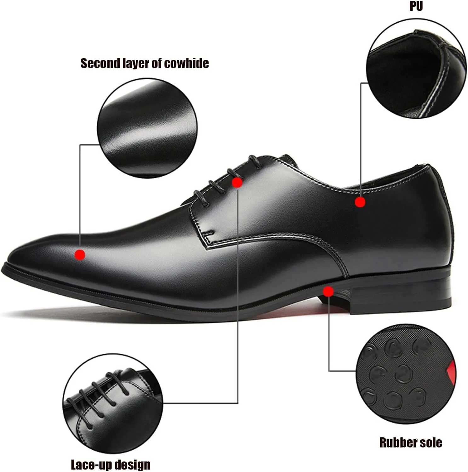 Men's Leather Pointed Toe Lace Up Dress Oxford Shoes,Classic Comfortable Slip-On Business Casual Shoes Non-Slip Office Wedding Formal Leather Shoes