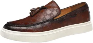 Men's Plaid Pattern Leather Slip On Tassel Loafers Fashion Round Toe Low Top Non-Slip Business Casual Shoes