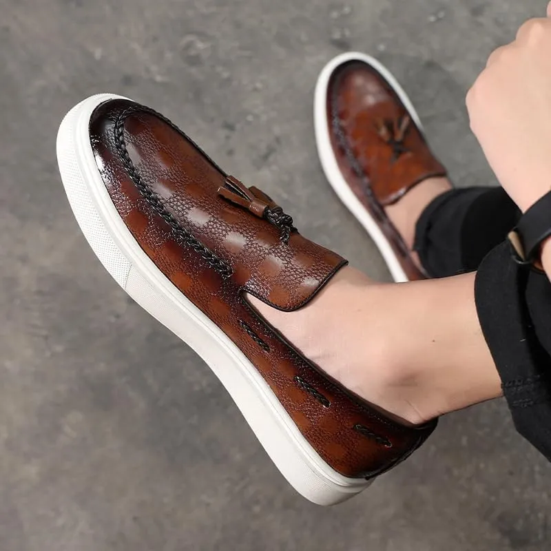 Men's Plaid Pattern Leather Slip On Tassel Loafers Fashion Round Toe Low Top Non-Slip Business Casual Shoes