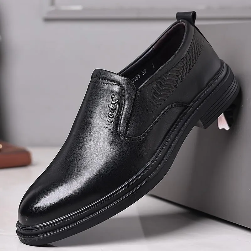 Mens Slip On Leather Business Casual Shoes Top Grain Thick Sole Soft Sole Round Toe Office Loafers Shoes