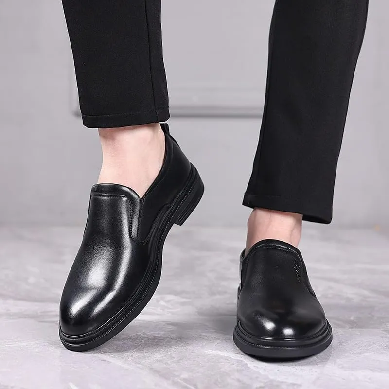 Mens Slip On Leather Business Casual Shoes Top Grain Thick Sole Soft Sole Round Toe Office Loafers Shoes