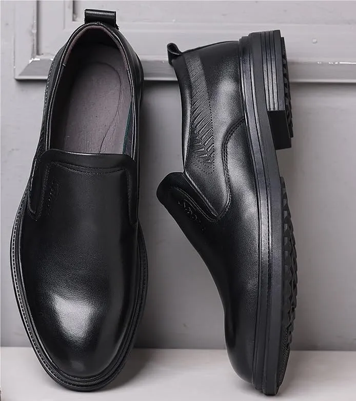 Mens Slip On Leather Business Casual Shoes Top Grain Thick Sole Soft Sole Round Toe Office Loafers Shoes
